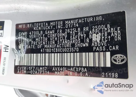 2014 Toyota Avalon Hybrid Limited from USA, damaged, VIN 4T1BD1EBXEU023570